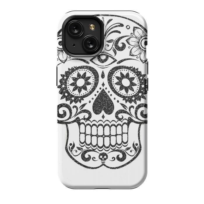 iPhone 15 StrongFit Day of the Dead floral black glitter sugar skull by Oana 