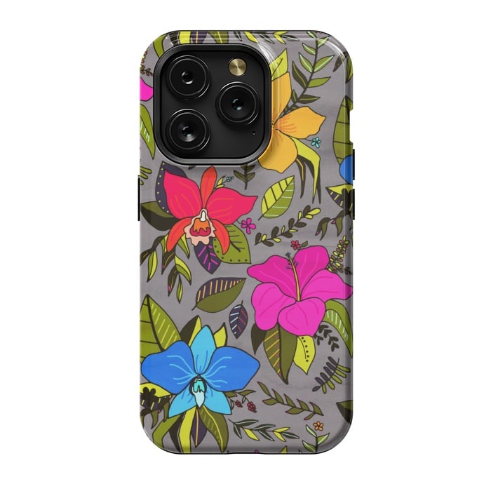 iPhone 15 Pro StrongFit Tropical Floral On Grey  by Tigatiga