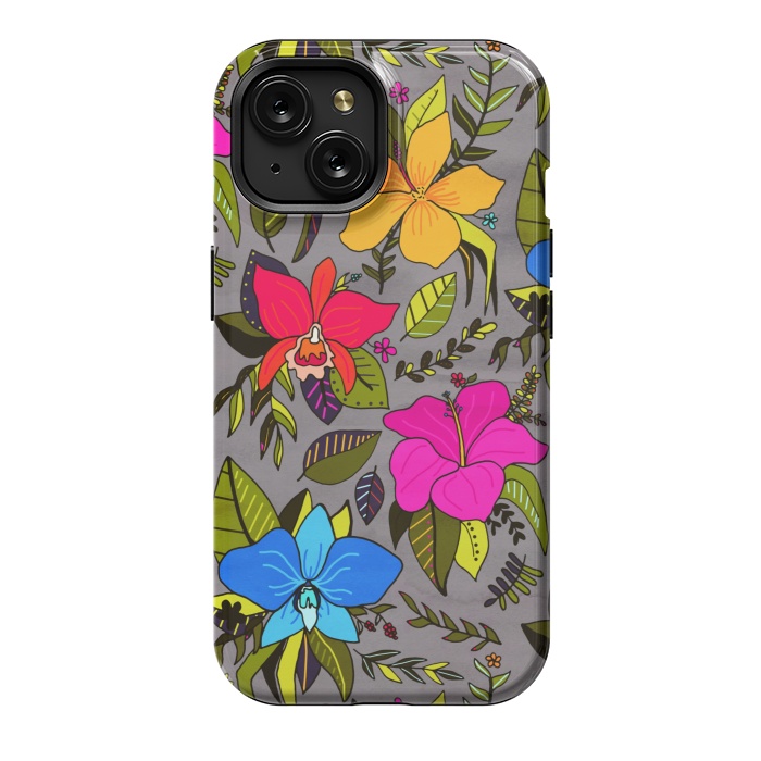 iPhone 15 StrongFit Tropical Floral On Grey  by Tigatiga