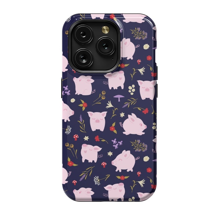iPhone 15 Pro StrongFit Cute Pigs Dancing Around Floral Motif by Portia Monberg