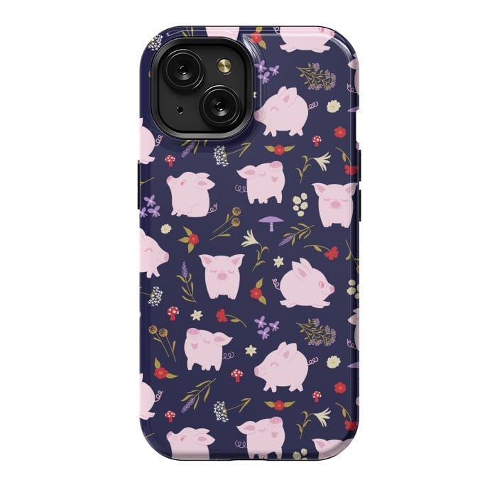 iPhone 15 StrongFit Cute Pigs Dancing Around Floral Motif by Portia Monberg
