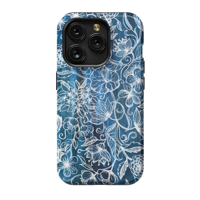 iPhone 15 Pro StrongFit In Her Garden - white floral drawing on blue by Micklyn Le Feuvre
