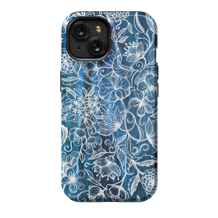 iPhone 15 StrongFit In Her Garden - white floral drawing on blue by Micklyn Le Feuvre