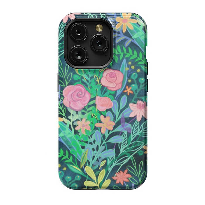 iPhone 15 Pro StrongFit Bright Floral Posie on Dark Green by Micklyn Le Feuvre