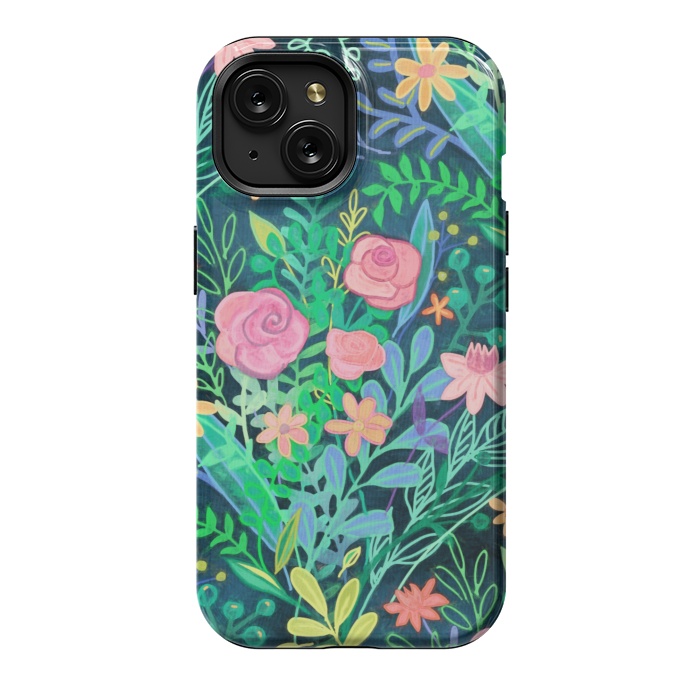 iPhone 15 StrongFit Bright Floral Posie on Dark Green by Micklyn Le Feuvre