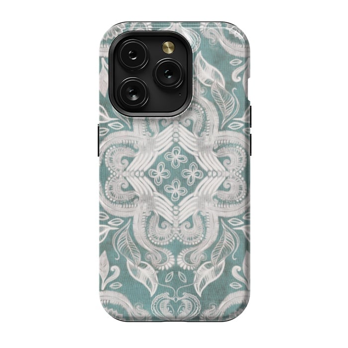 iPhone 15 Pro StrongFit Dirty Denim Boho Pattern in Teal and Grey by Micklyn Le Feuvre