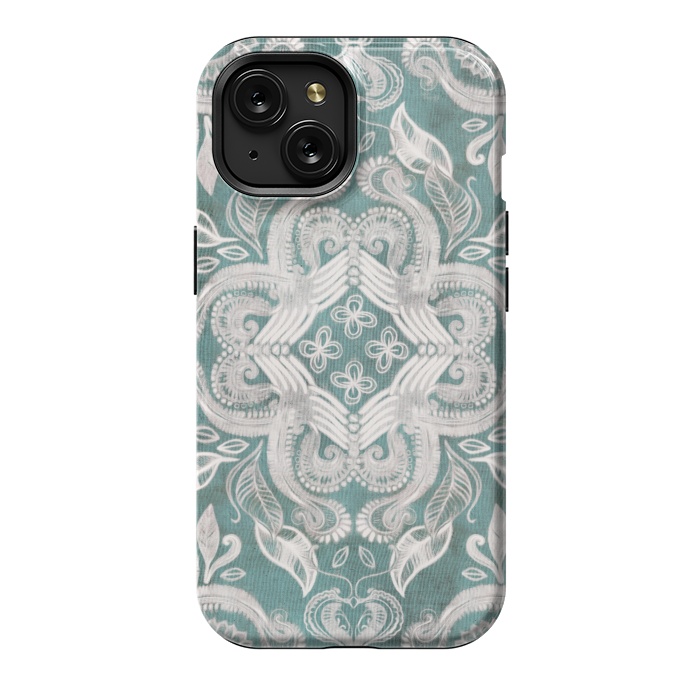 iPhone 15 StrongFit Dirty Denim Boho Pattern in Teal and Grey by Micklyn Le Feuvre