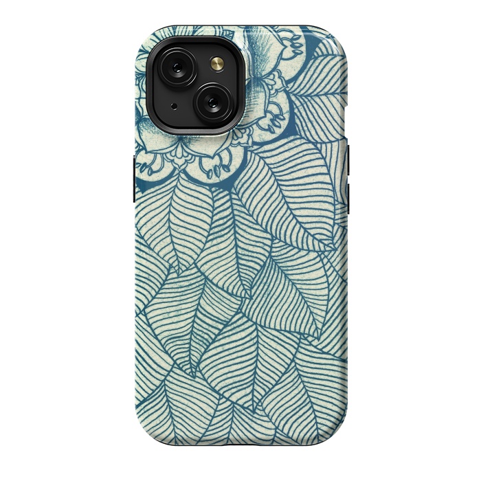 iPhone 15 StrongFit Emerald Green, Navy & Cream Floral & Leaf doodle by Micklyn Le Feuvre
