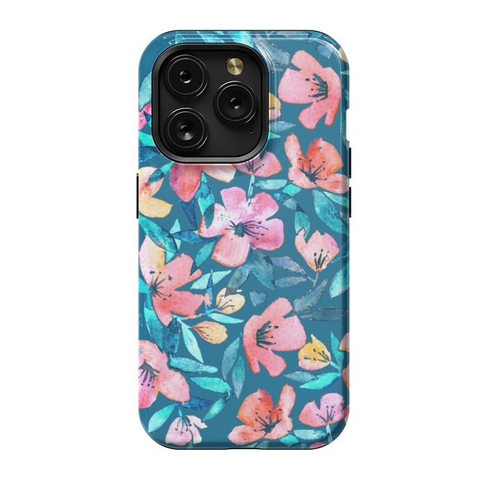 iPhone 15 Pro StrongFit Fresh Watercolor Floral on Teal Blue by Micklyn Le Feuvre