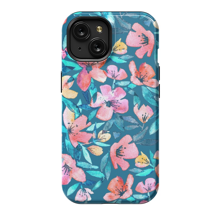 iPhone 15 StrongFit Fresh Watercolor Floral on Teal Blue by Micklyn Le Feuvre