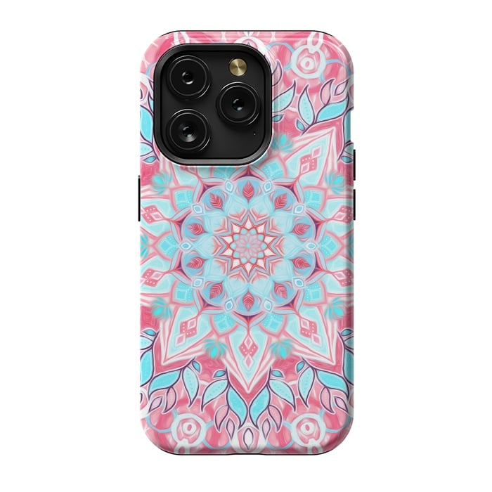 iPhone 15 Pro StrongFit Bright Boho Aqua and Pink Mandala by Micklyn Le Feuvre