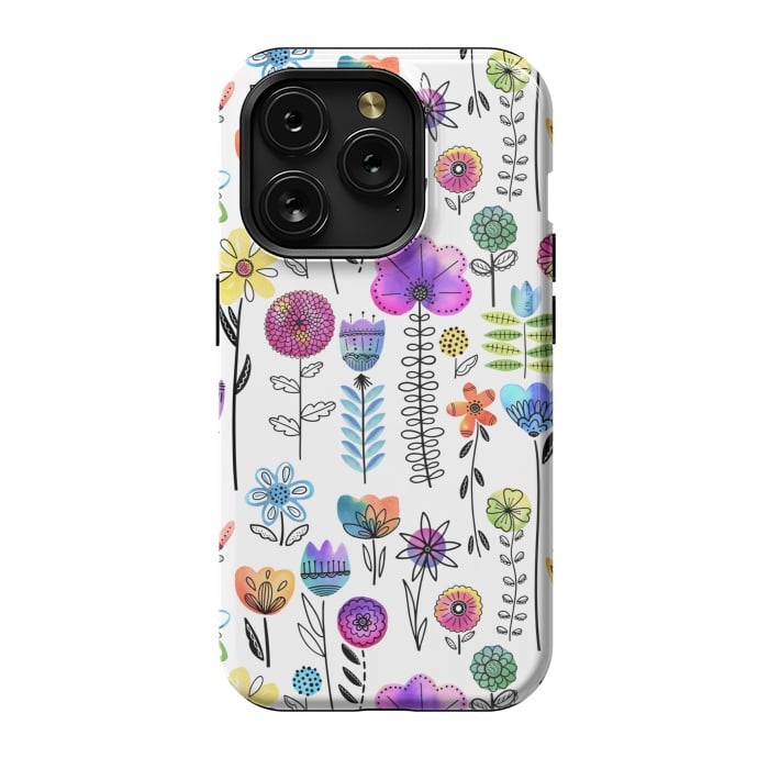 iPhone 15 Pro StrongFit Bright Watercolor and Line Art Flowers by Noonday Design