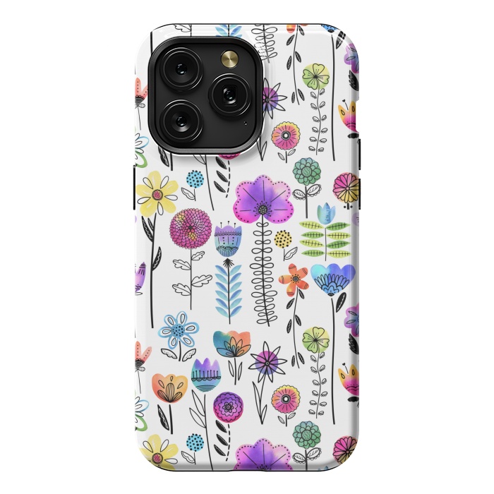 iPhone 15 Pro Max StrongFit Bright Watercolor and Line Art Flowers by Noonday Design