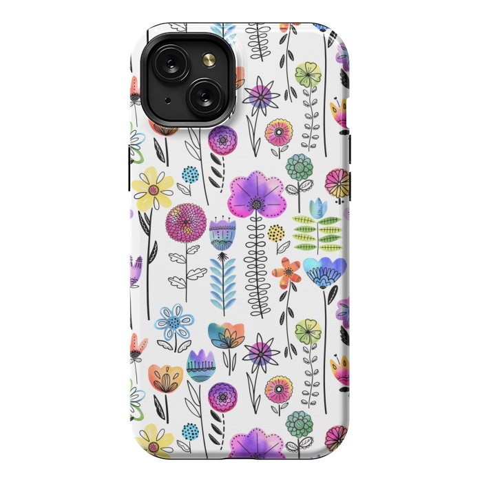 iPhone 15 Plus StrongFit Bright Watercolor and Line Art Flowers by Noonday Design