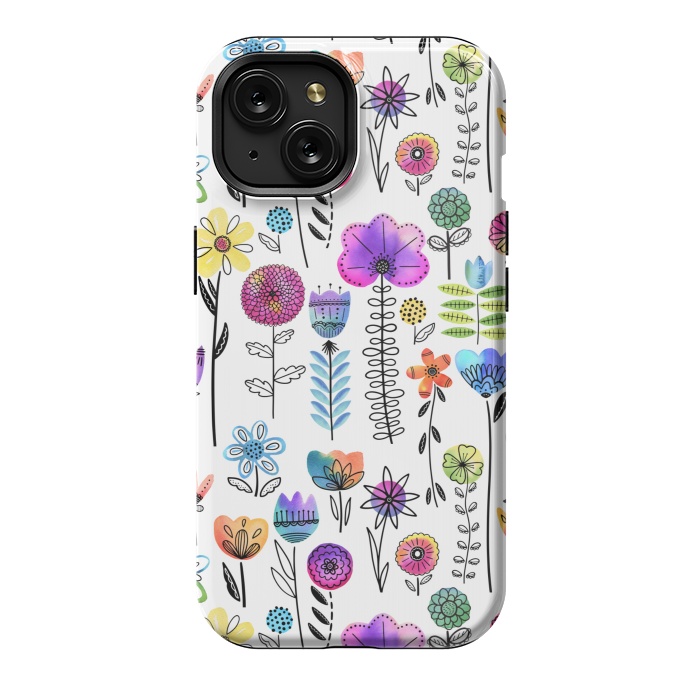 iPhone 15 StrongFit Bright Watercolor and Line Art Flowers by Noonday Design