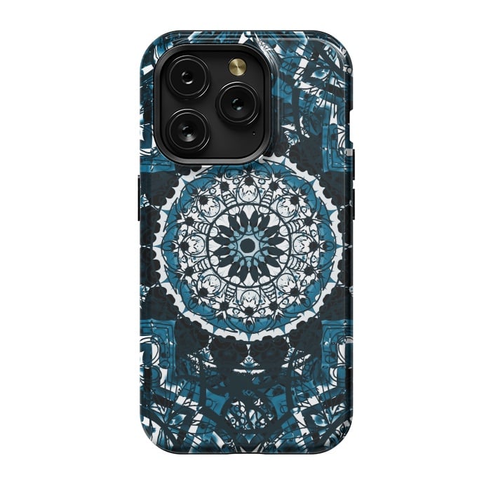 iPhone 15 Pro StrongFit Black blue ethnic geometric mandala by Oana 