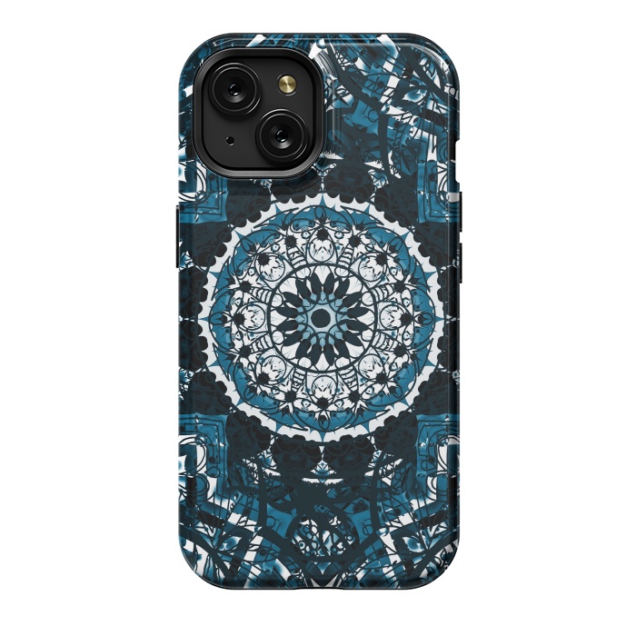 iPhone 15 StrongFit Black blue ethnic geometric mandala by Oana 