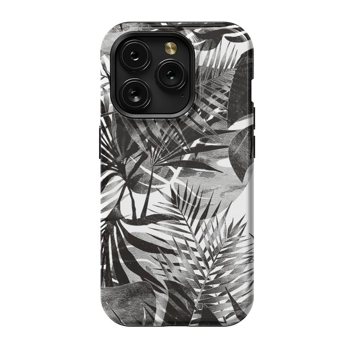 iPhone 15 Pro StrongFit Black transparent tropical leaves - ficus and palm by Oana 