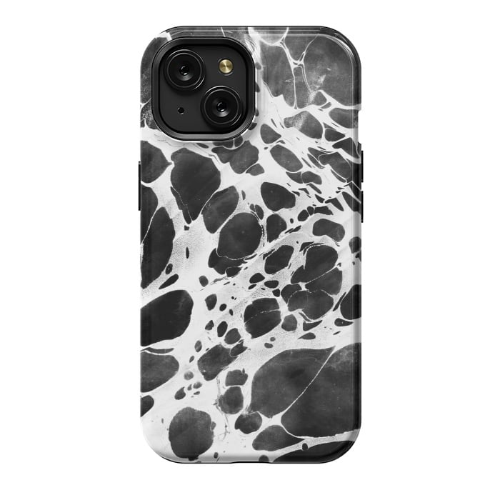 iPhone 15 StrongFit Dark marble with white bubble ink lines by Oana 