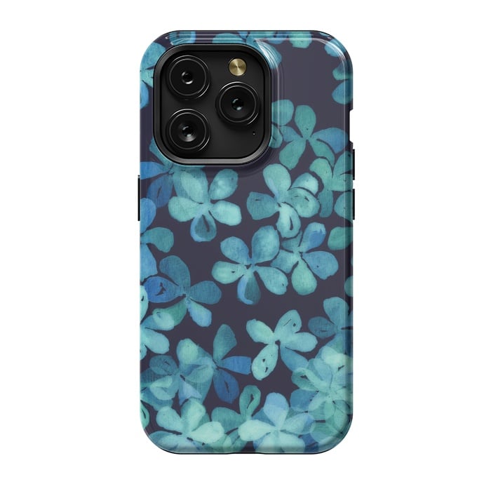 iPhone 15 Pro StrongFit Hand Painted Floral Pattern in Teal & Navy Blue by Micklyn Le Feuvre