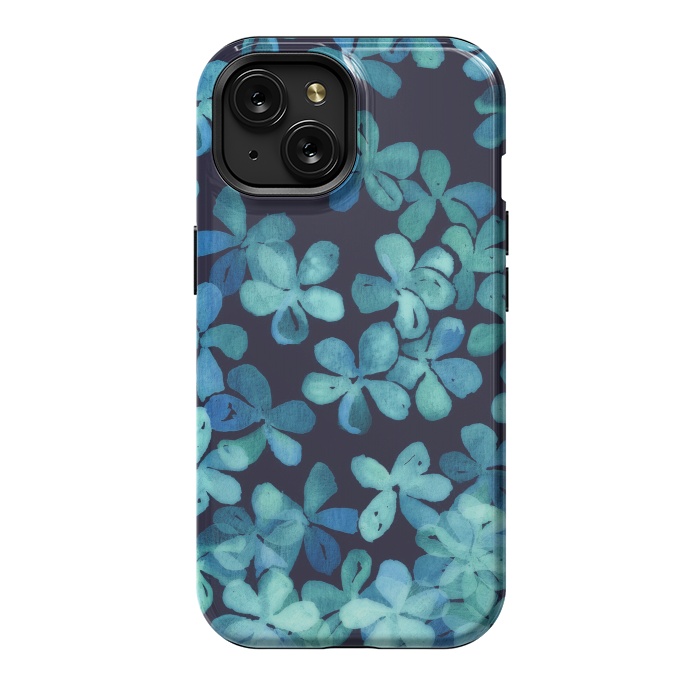 iPhone 15 StrongFit Hand Painted Floral Pattern in Teal & Navy Blue by Micklyn Le Feuvre