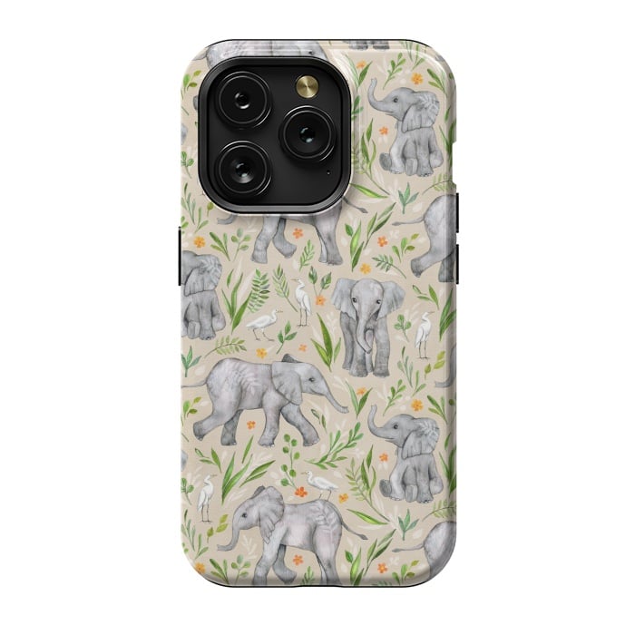 iPhone 15 Pro StrongFit Little Watercolor Elephants and Egrets on Neutral Cream by Micklyn Le Feuvre
