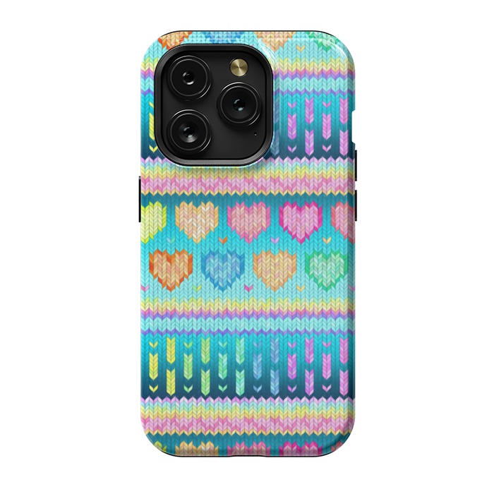 iPhone 15 Pro StrongFit Cozy Knit with Rainbow Hearts on Teal Blue by Micklyn Le Feuvre