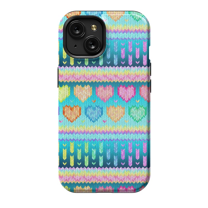 iPhone 15 StrongFit Cozy Knit with Rainbow Hearts on Teal Blue by Micklyn Le Feuvre