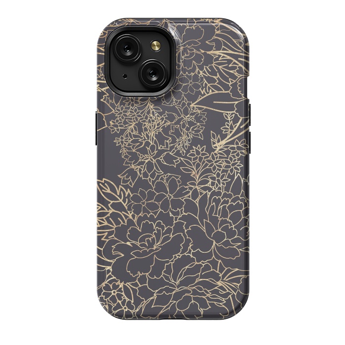 iPhone 15 StrongFit Luxury winter floral golden strokes doodles design by InovArts