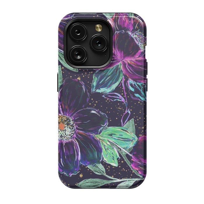 iPhone 15 Pro StrongFit Whimsical hand paint floral and golden confetti design by InovArts