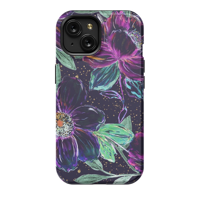 iPhone 15 StrongFit Whimsical hand paint floral and golden confetti design by InovArts