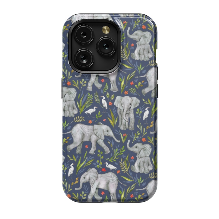 iPhone 15 Pro StrongFit Little Watercolor Elephants and Egrets on Navy Blue by Micklyn Le Feuvre