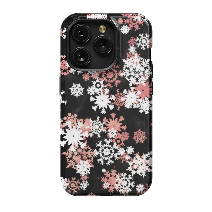 iPhone 15 Pro StrongFit Rose gold and white snowflakes on black background by Oana 