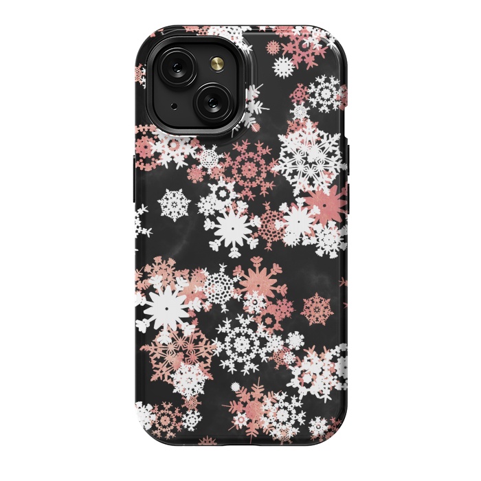 iPhone 15 StrongFit Rose gold and white snowflakes on black background by Oana 