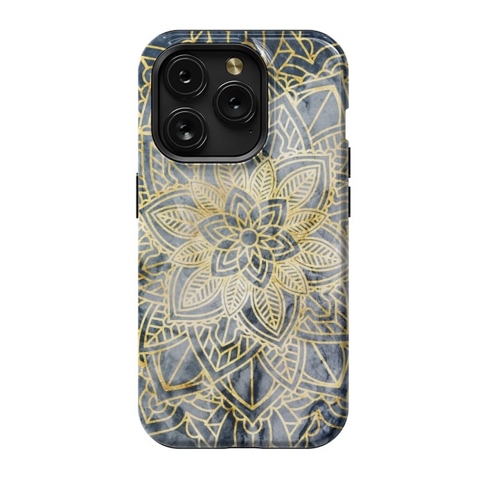 iPhone 15 Pro StrongFit Golden flower mandala on dark blue marble by Oana 