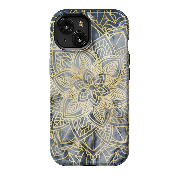 iPhone 15 StrongFit Golden flower mandala on dark blue marble by Oana 