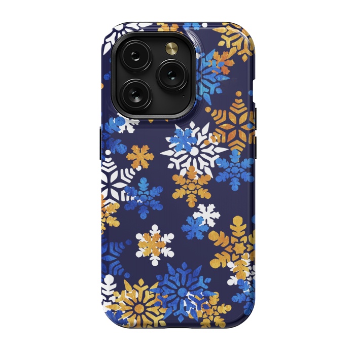iPhone 15 Pro StrongFit Blue, gold, white snowflakes by Oana 
