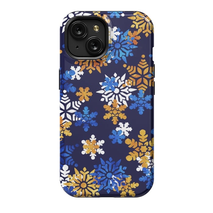 iPhone 15 StrongFit Blue, gold, white snowflakes by Oana 