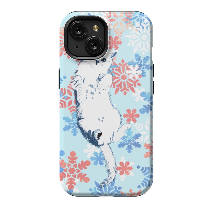 iPhone 15 StrongFit White cat and blue white gold snowflakes by Oana 