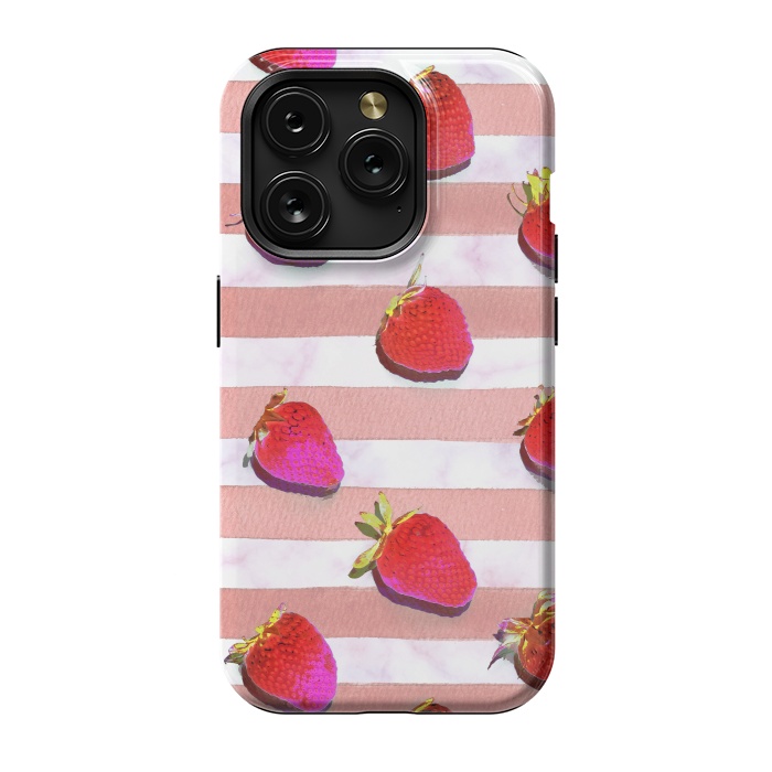 iPhone 15 Pro StrongFit strawberries on watercolor painted stripes by Oana 