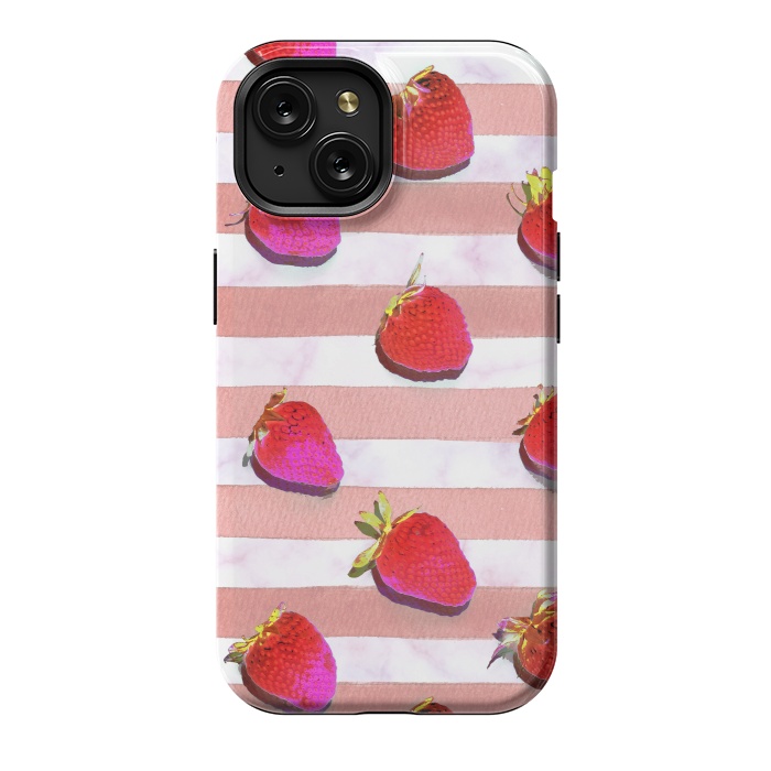 iPhone 15 StrongFit strawberries on watercolor painted stripes by Oana 