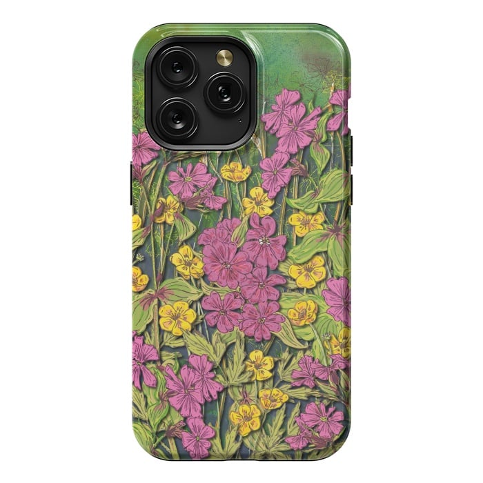iPhone 15 Pro Max StrongFit Pink and Yellow Wildflowers by Lotti Brown