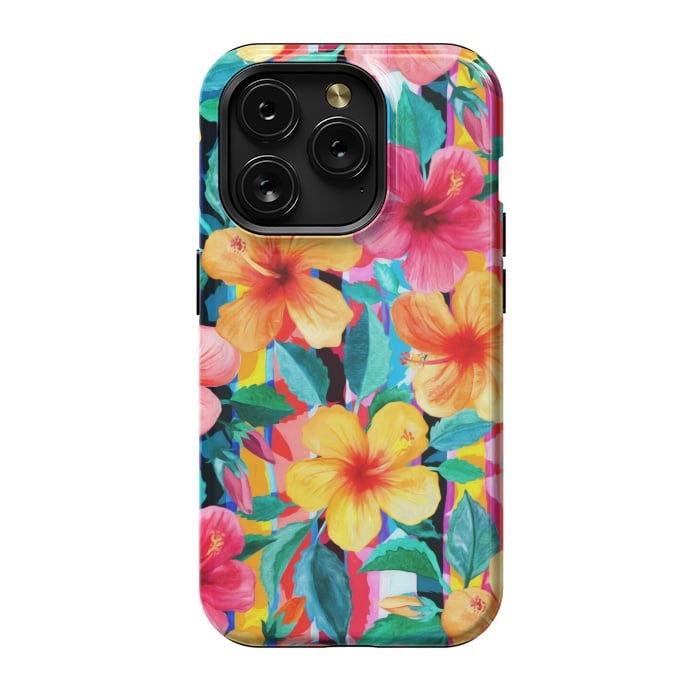 iPhone 15 Pro StrongFit OTT Maximalist Hawaiian Hibiscus Floral with Stripes by Micklyn Le Feuvre
