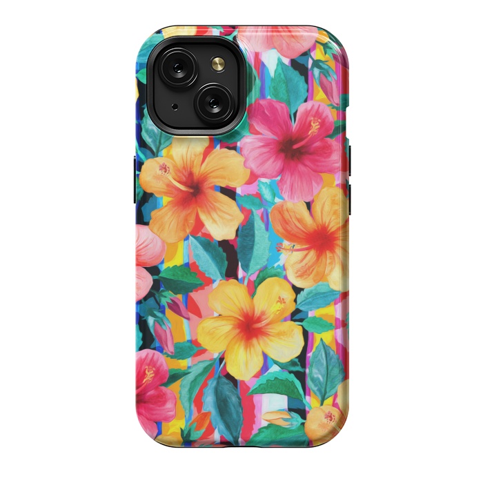 iPhone 15 StrongFit OTT Maximalist Hawaiian Hibiscus Floral with Stripes by Micklyn Le Feuvre