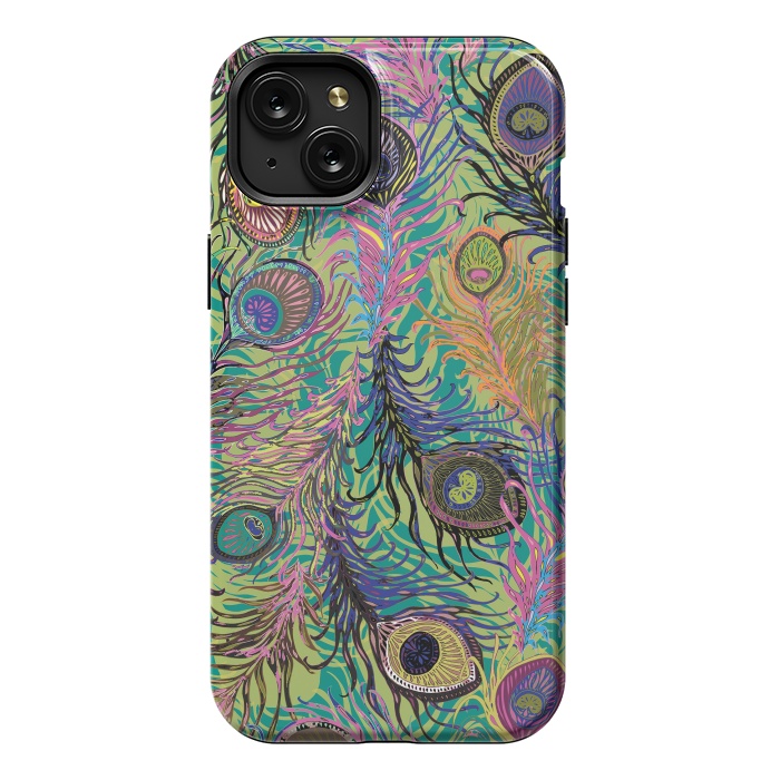 iPhone 15 Plus StrongFit Peacock Feathers in Lime Green & Pink by Lotti Brown