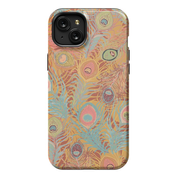 iPhone 15 Plus StrongFit Peacock Feathers - Soft Coral by Lotti Brown