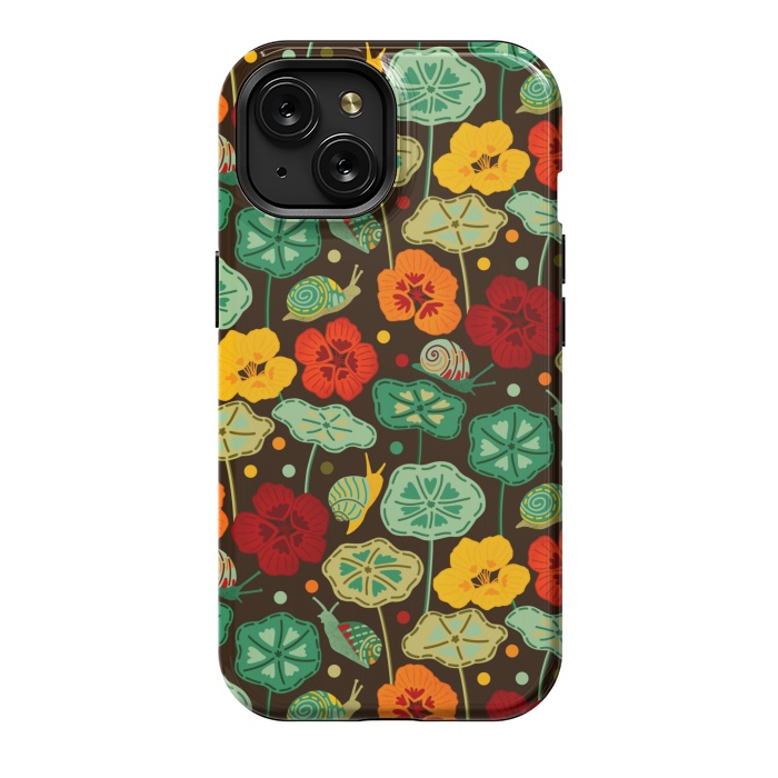 iPhone 15 StrongFit Nasturtiums & Snails On Brown  by Tigatiga