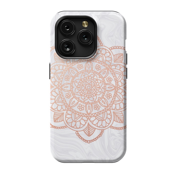 iPhone 15 Pro StrongFit Rose Gold Mandala on White Marble by Julie Erin Designs