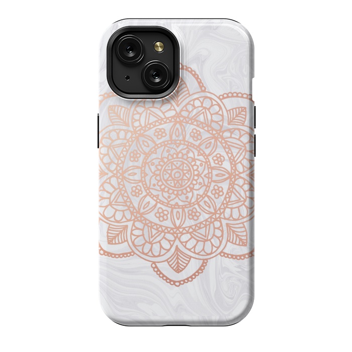 iPhone 15 StrongFit Rose Gold Mandala on White Marble by Julie Erin Designs