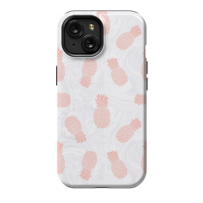 iPhone 15 StrongFit Pink Pineapples on White Marble by Julie Erin Designs